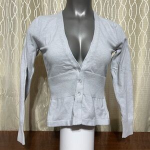 “Press”, Women's Light Grey Cardigan Sweater Fitted Waist V Neck
